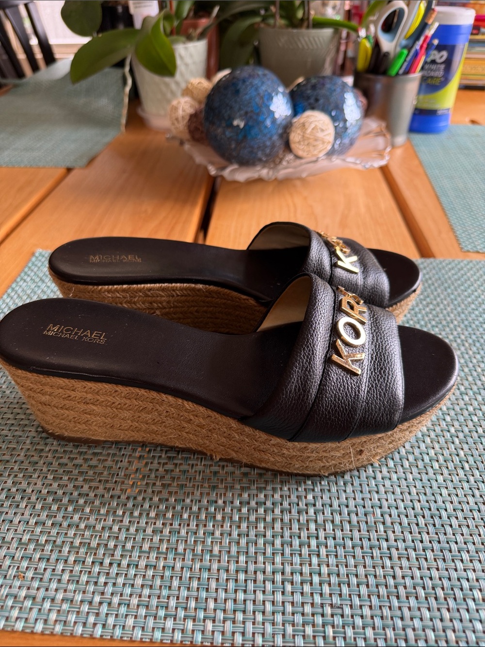 Michael Kors Black Leather Espadrille Wedge Slide Sandals with Gold Logo - Picture 3 of 4
